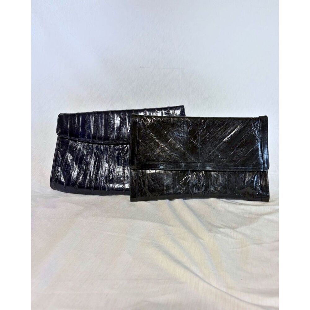 Vintage Eel Skin Clutch Lot of 2 Leather Envelope Bags - Navy Blue + Black